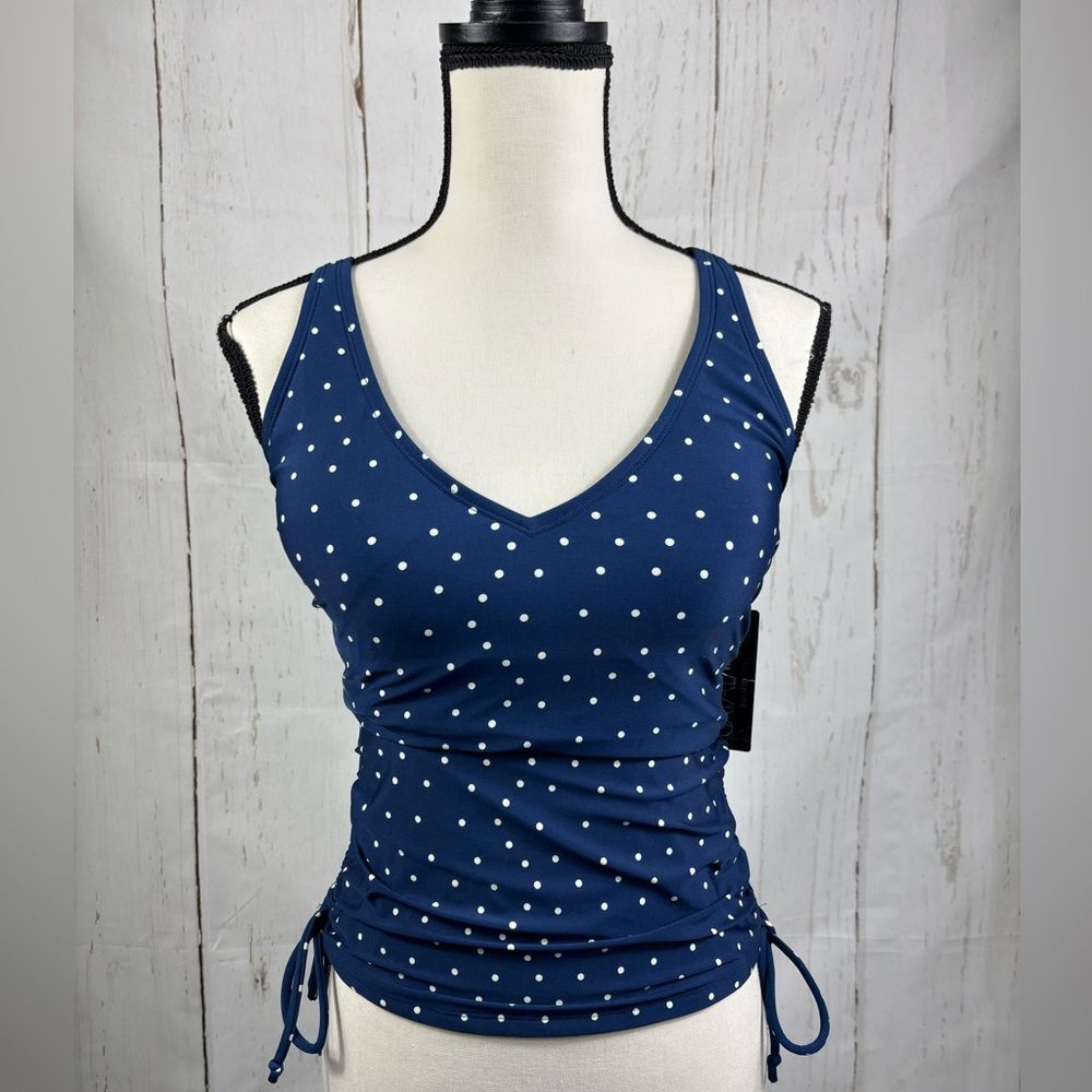 MSRP $48 Catalina Womens Tankini Top Build-in Bra Navy Top White Polka Dot